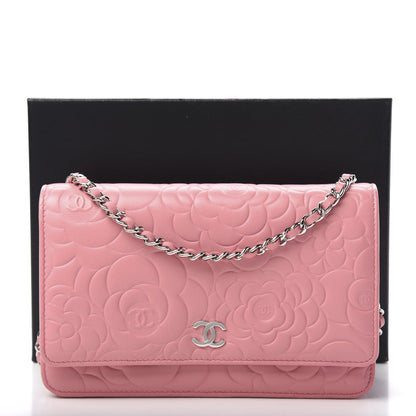 Chanel Lambskin Camellia Embossed Wallet On Chain WOC Pink 12 of 12