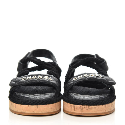 Chanel Cord Lambskin Quilted Logo Sandals 37 Black 2 of 8