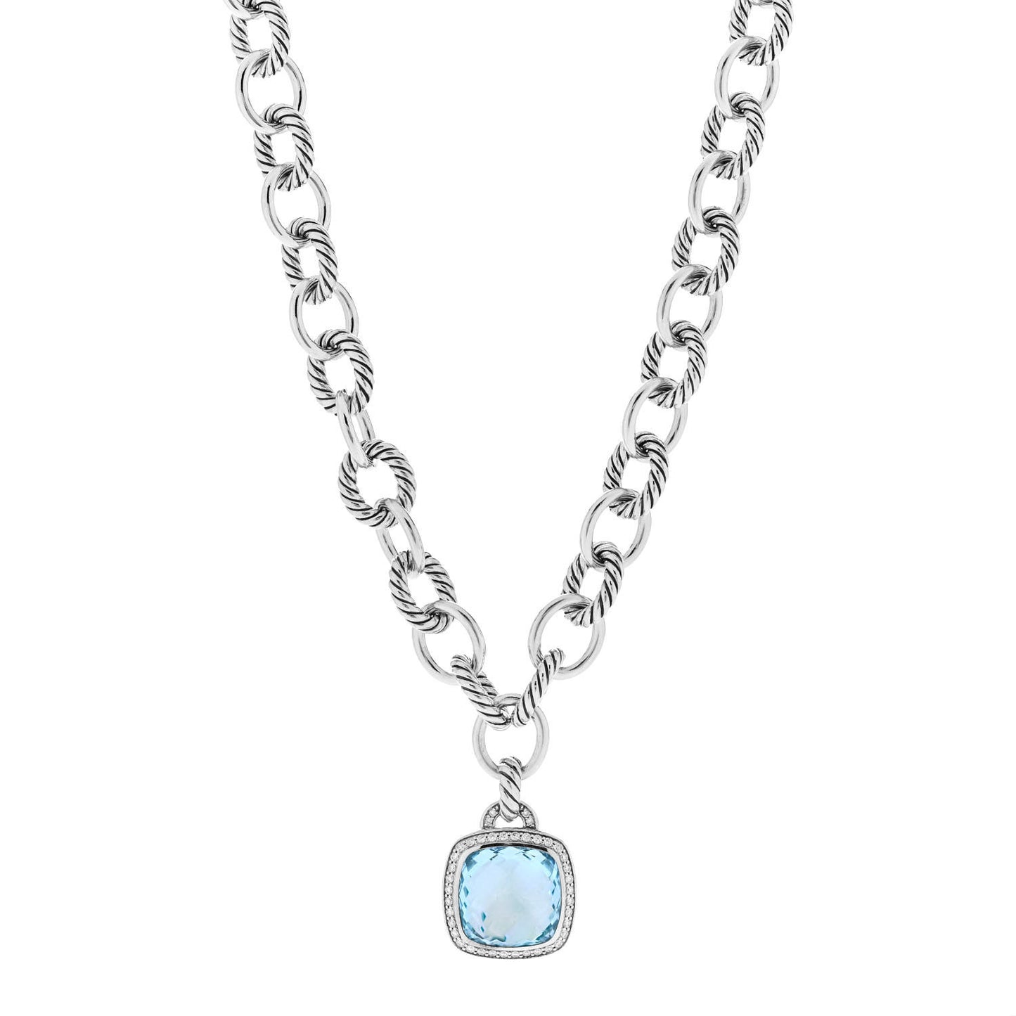 Sterling Silver Blue Topaz Diamond 14mm Albion Pendant Cable Necklace