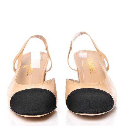 Chanel Goatskin Grosgrain Cap Toe CC Slingback Pumps 40.5 Beige Black 2 of 10