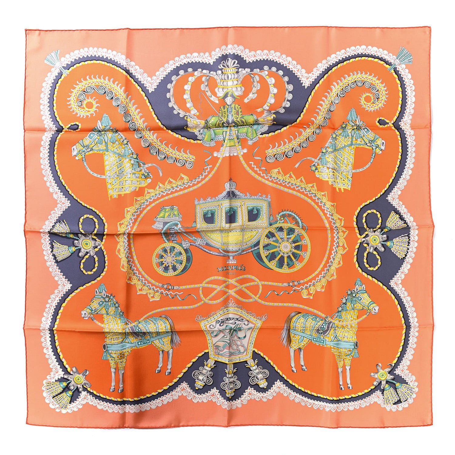 Hermes Silk Carre Paperoles Scarf 90 Orange Anthracite Vert 1 of 6