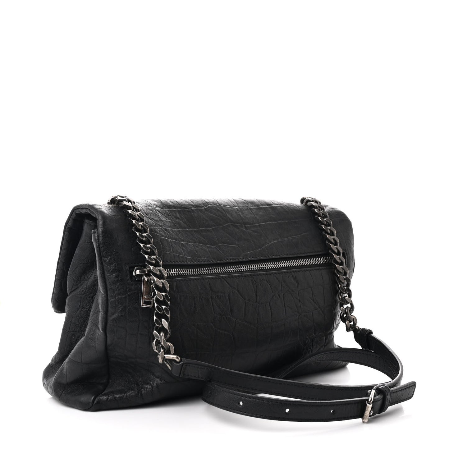 Calfskin Crocodile Embossed Medium West Hollywood Monogram Fold-Over Black