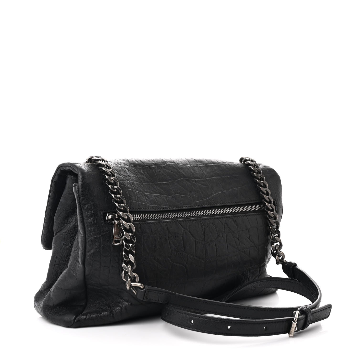Saint Laurent Calfskin Crocodile Embossed Medium West Hollywood Monogram Fold-Over Black 3 of 12