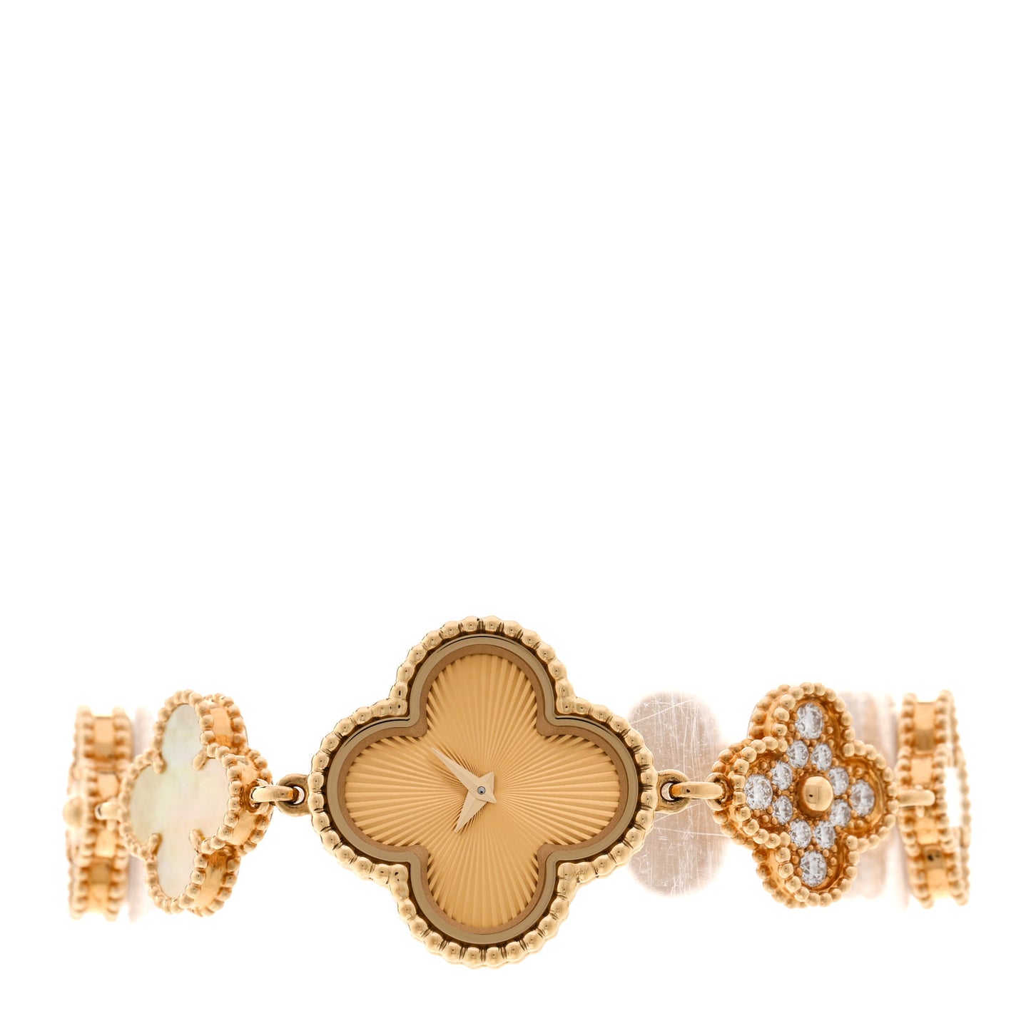 18K Yellow Gold Diamond Mother of Pearl 23mm Alhambra Guilloche Quartz Watch