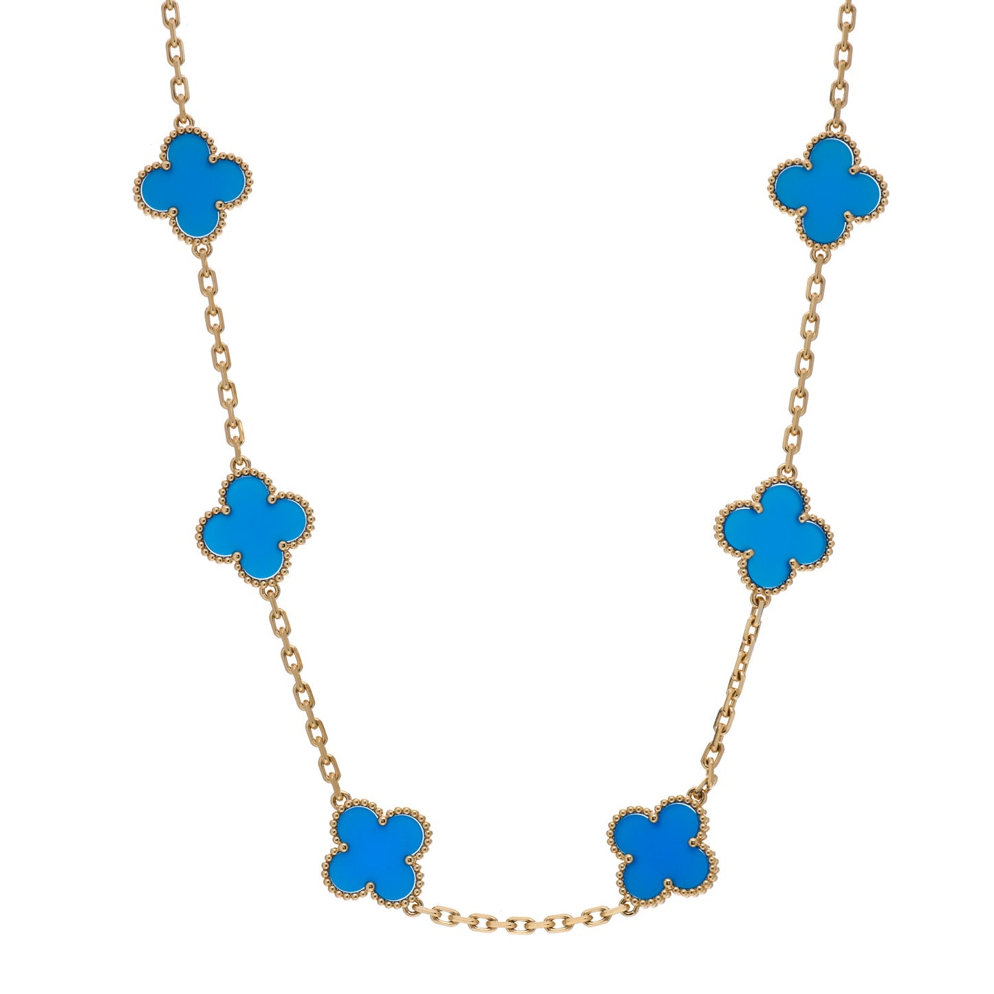 18K Yellow Gold Blue Agate 10 Motifs Vintage Alhambra Necklace