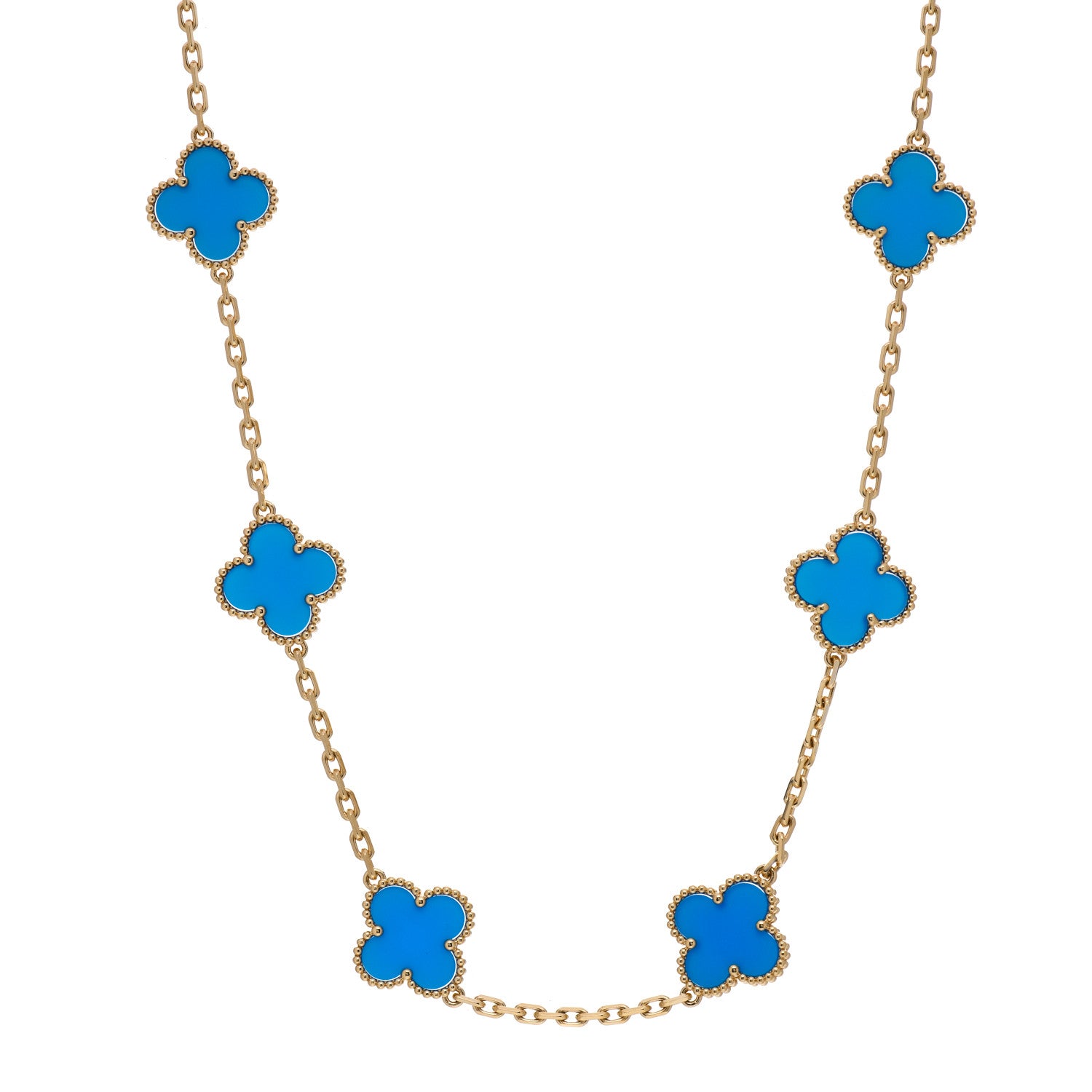 Van Cleef & Arpels 18K Yellow Gold Blue Agate 10 Motifs Vintage Alhambra Necklace 1 of 7