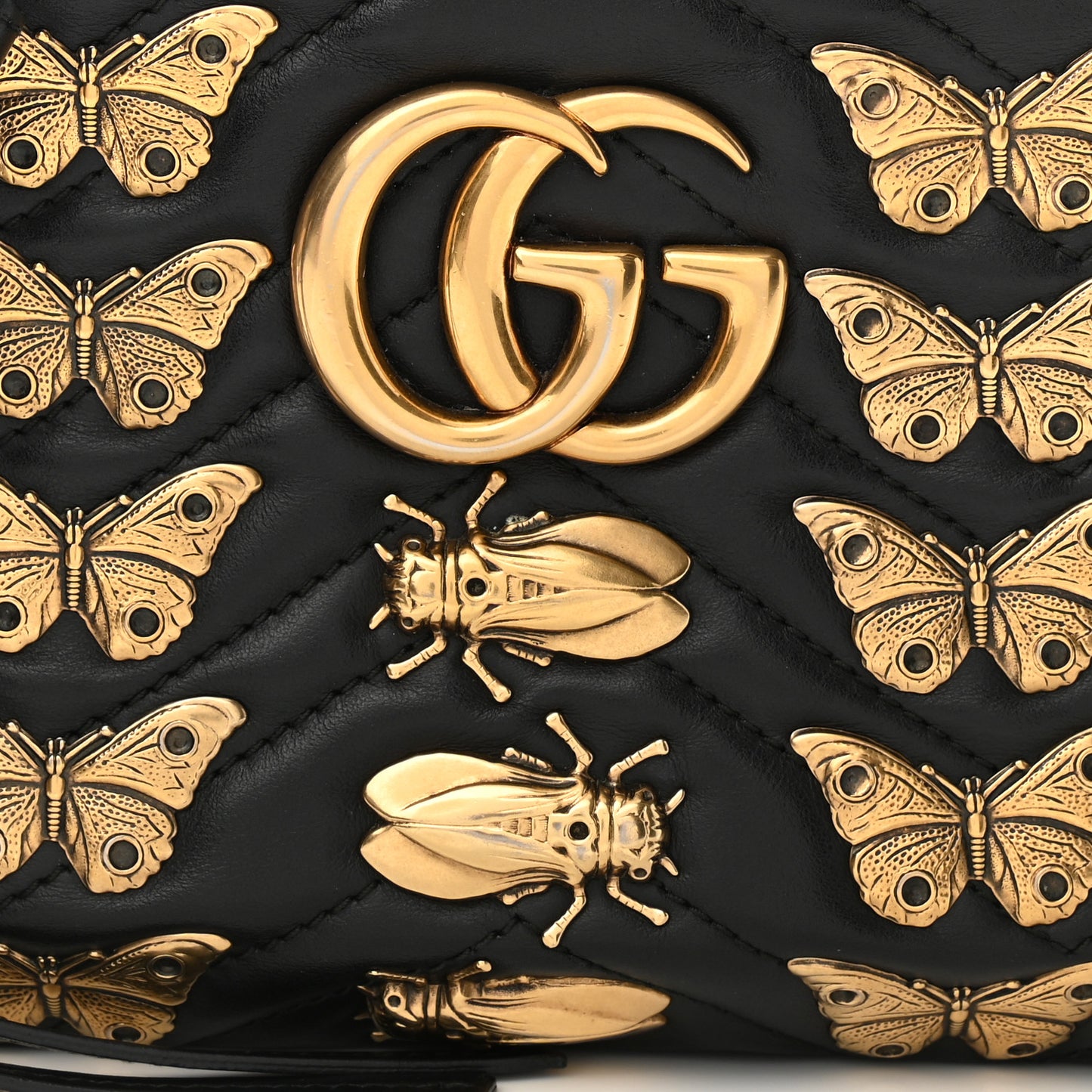 Calfskin Matelasse Animal Studs Small GG Marmont Chain Shoulder Bag Black