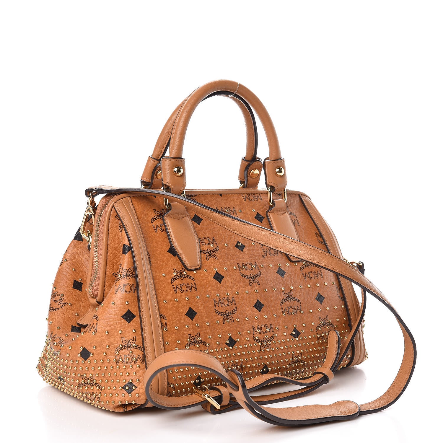 MCM Visetos Studded Boston Satchel Cognac 3 of 10