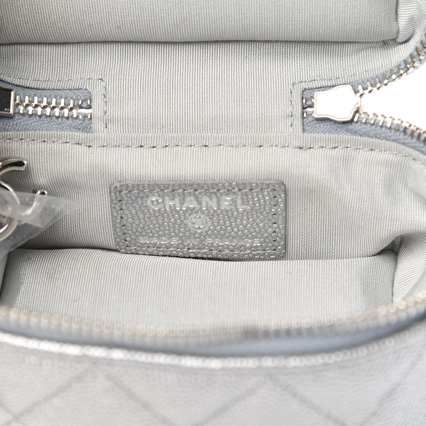 Metallic Caviar Quilted Mini Top Handle Vanity With Chain Silver