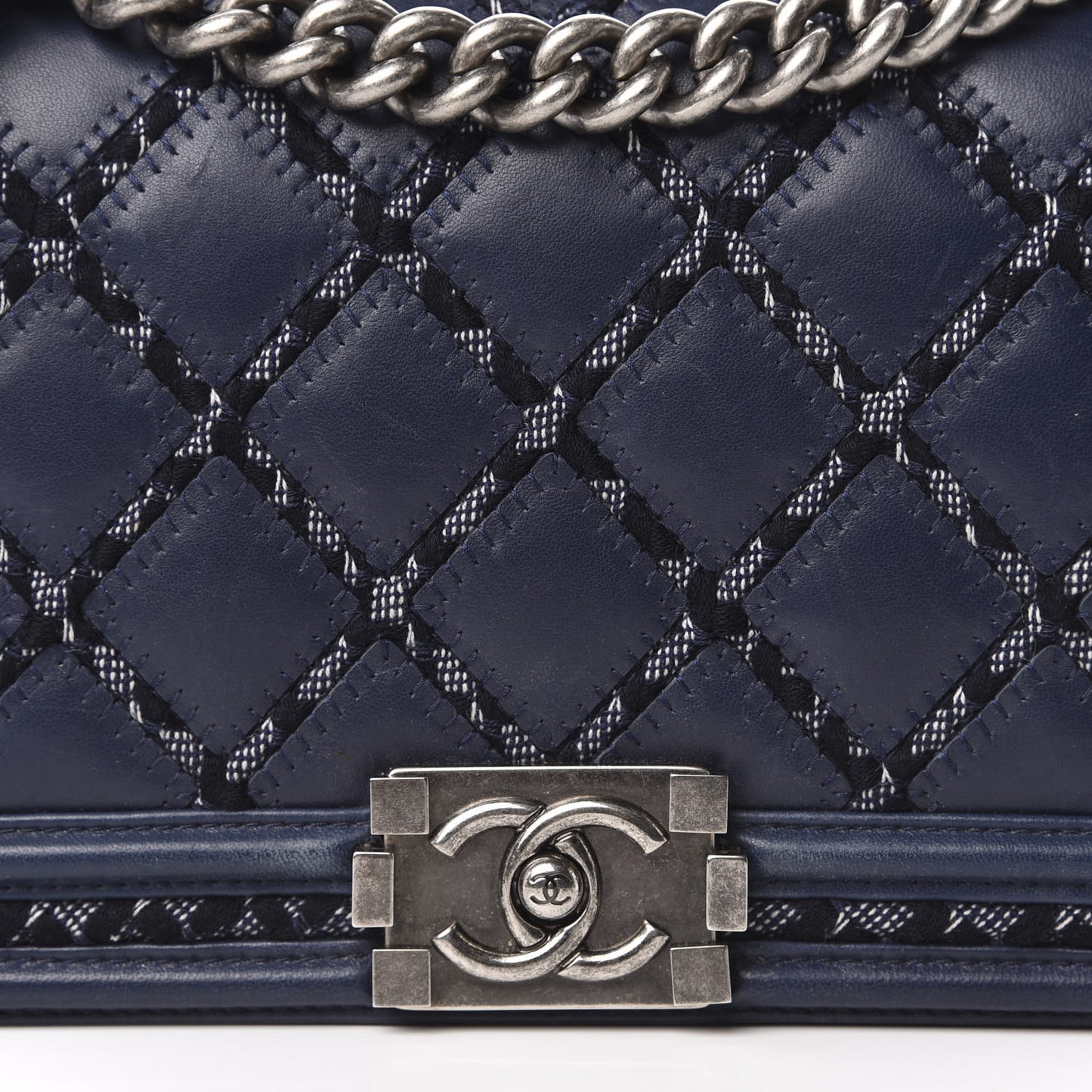 Calfskin Tweed Double Stitch Medium Boy Flap Navy Blue