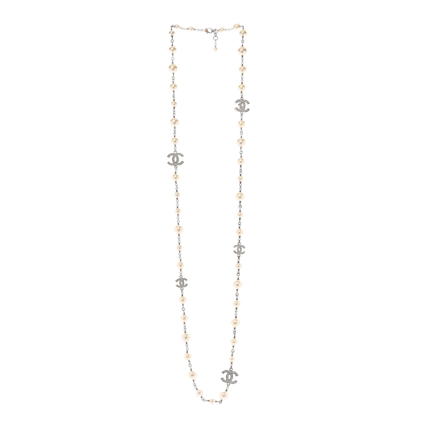 Crystal Pearl CC Long Necklace Silver Pearly White