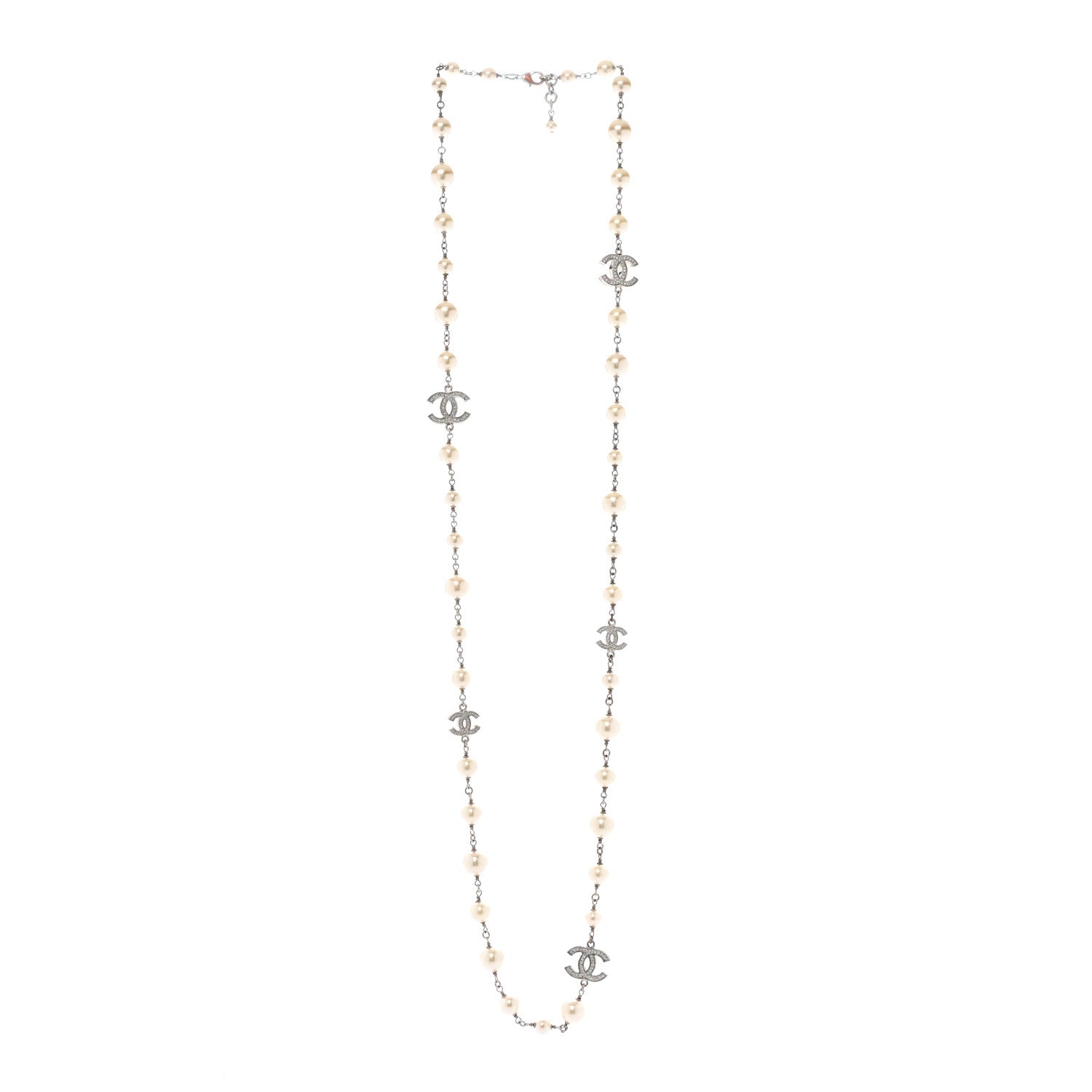 Chanel Crystal Pearl CC Long Necklace Silver Pearly White 3 of 8