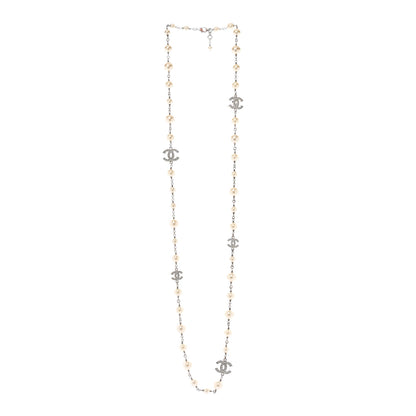 Chanel Crystal Pearl CC Long Necklace Silver Pearly White 3 of 8