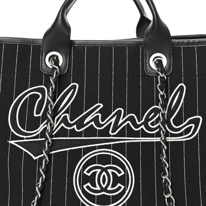 Chanel Canvas Calfskin Striped Medium Deauville Tote Black White 6 of 11