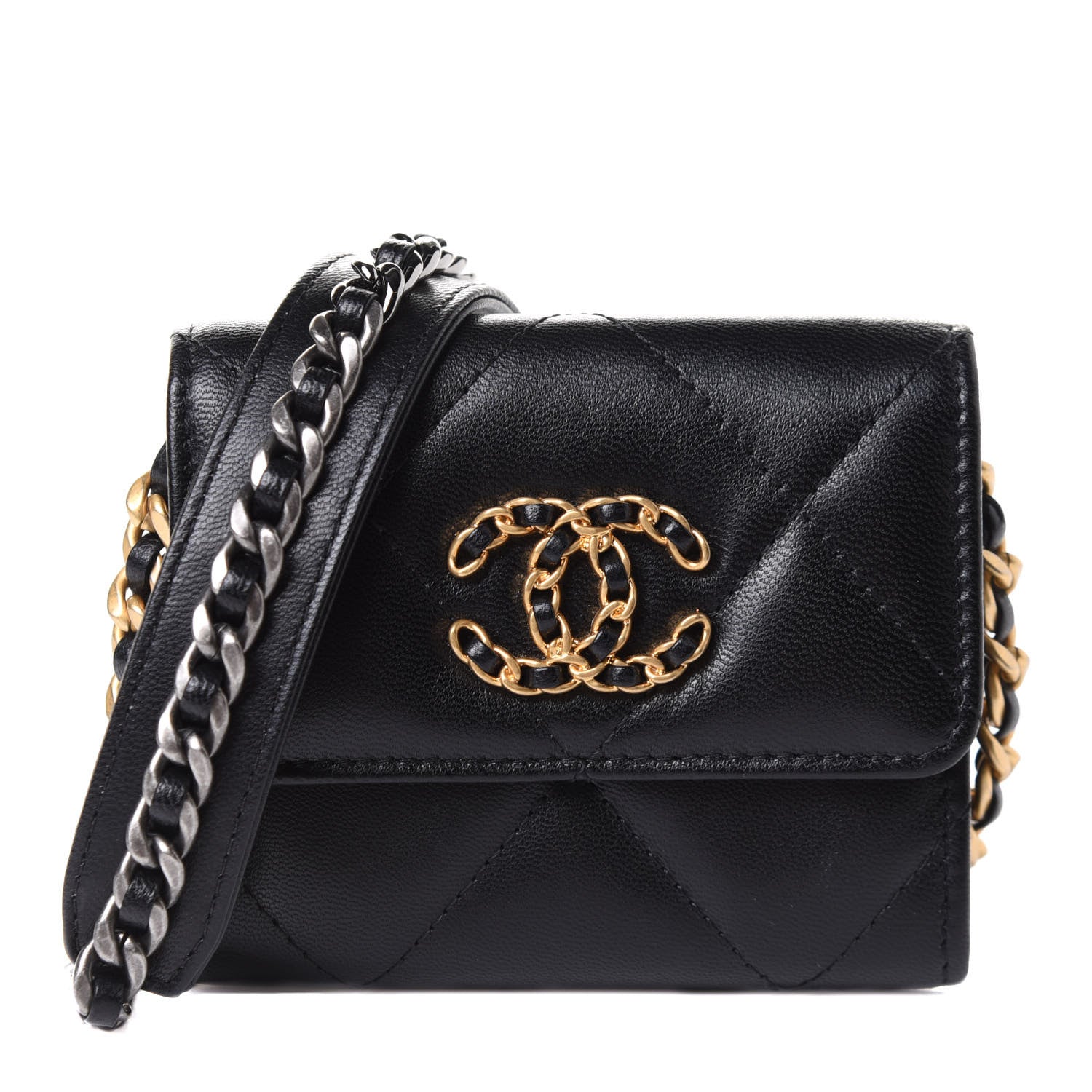 Chanel Shiny Goatskin Quilted Chanel 19 Flap Coin Purse With Chain Black 1 of 14