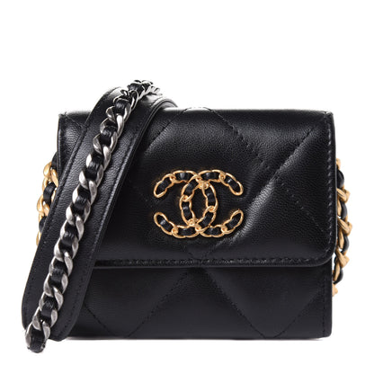 Chanel Shiny Goatskin Quilted Chanel 19 Flap Coin Purse With Chain Black 1 of 14