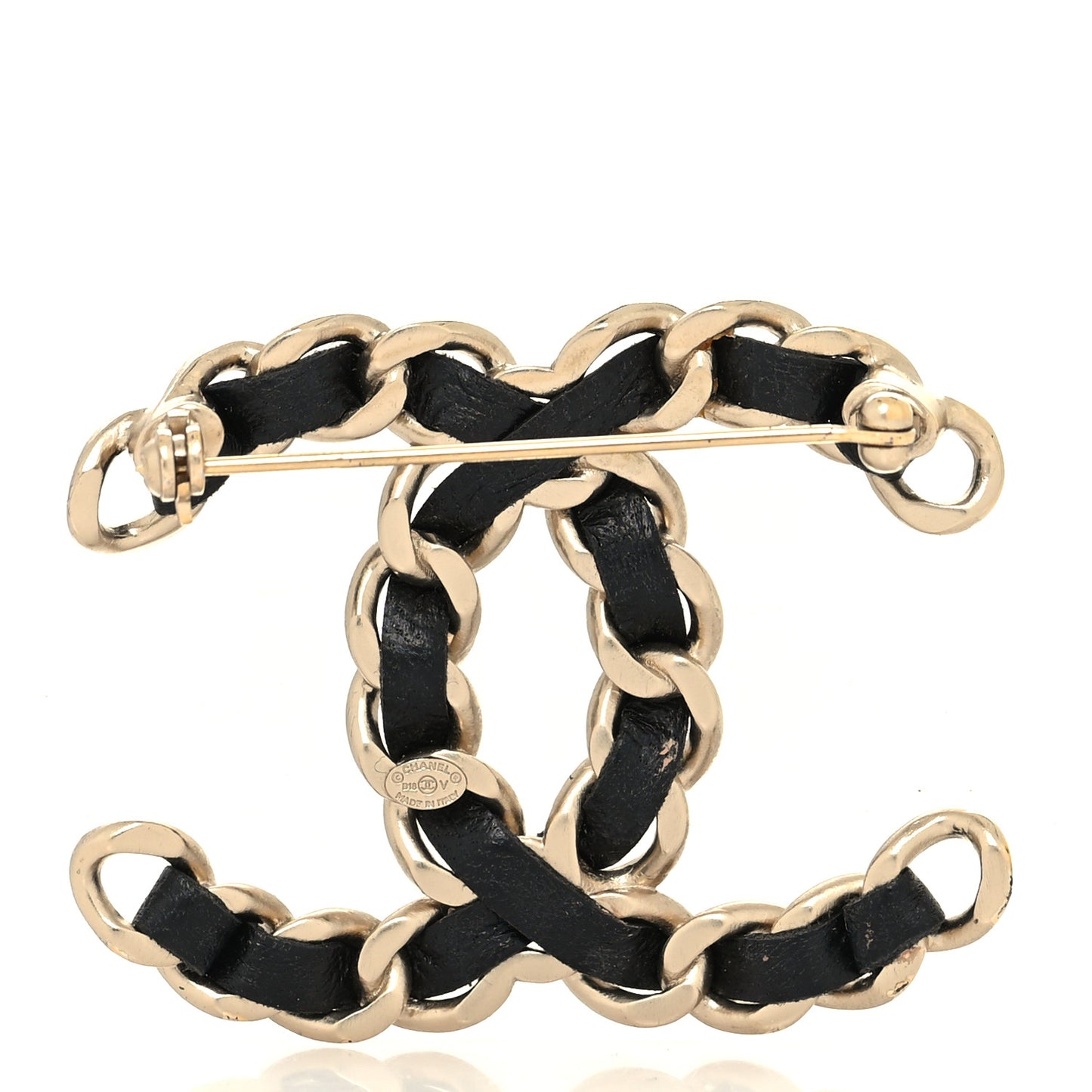 Lambskin Chain CC Brooch Black Gold