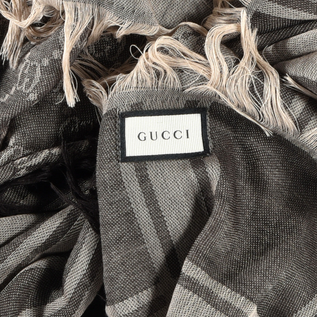 Gucci Wool Silk GG Monogram Diamante Plaid Surviee Shawl Beige Dark Brown 2 of 7