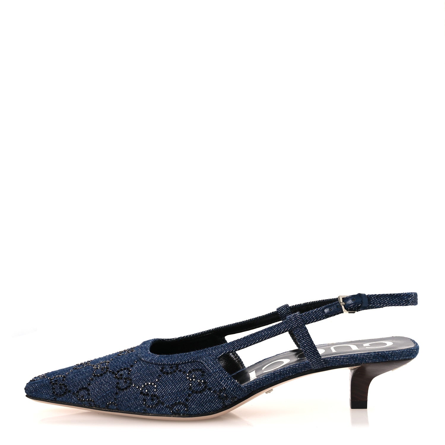 Gucci Denim GG Monogram Malaga Kid Crystal Square G 35mm Slingback Pumps 38 Blue 1 of 11