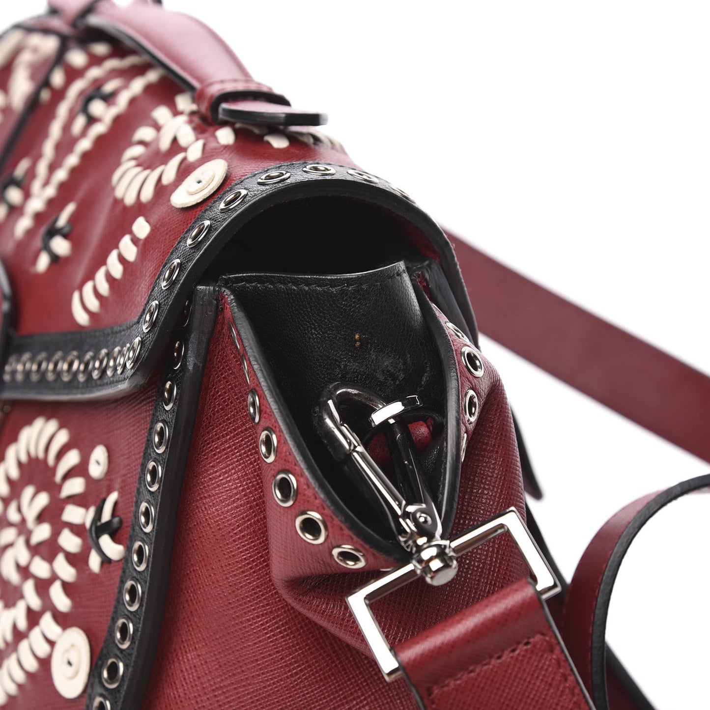 Saffiano Embroidered Sound Twin Pocket Satchel Cherry Black