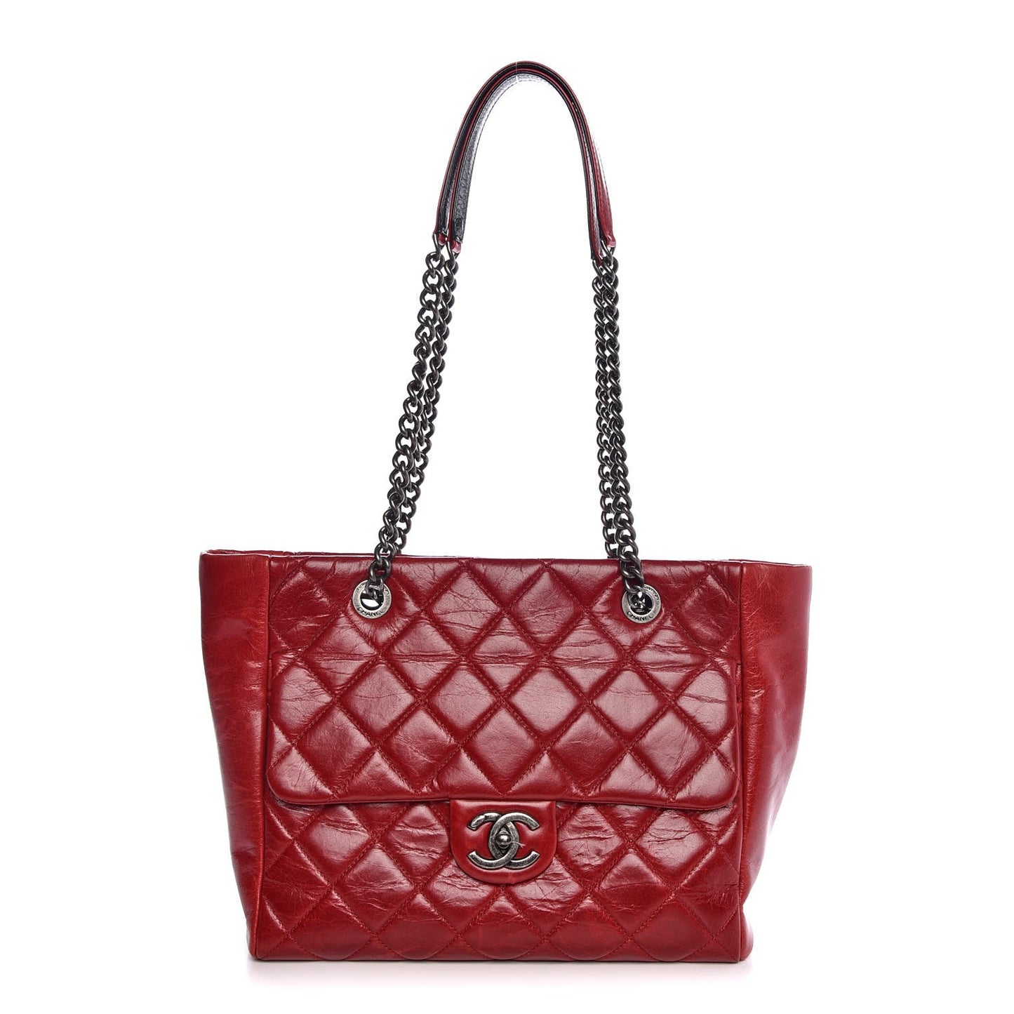 Glazed Calfskin Quilted Front Pocket Tote Red