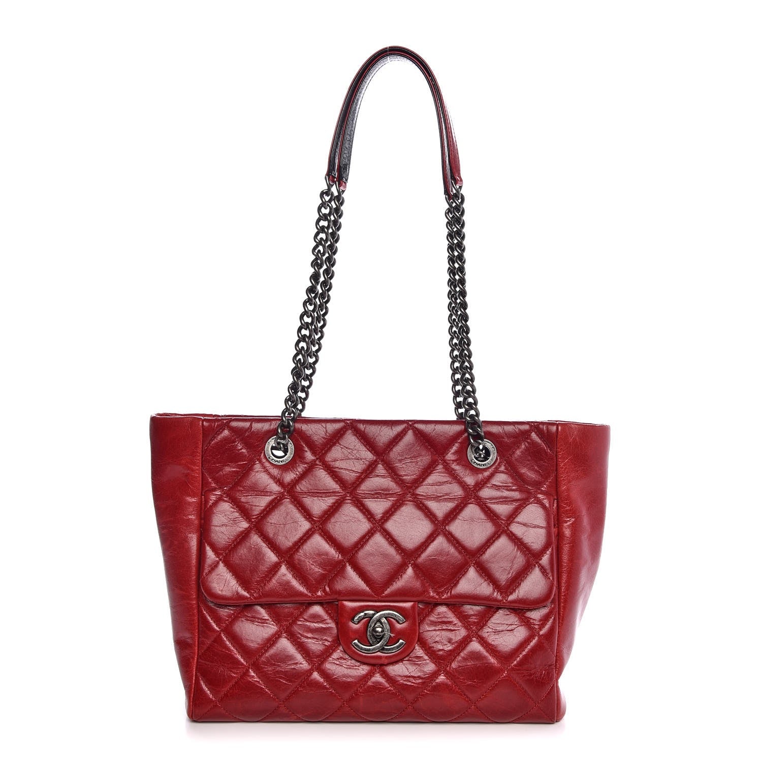 Chanel Glazed Calfskin Quilted Front Pocket Tote Red 1 of 7