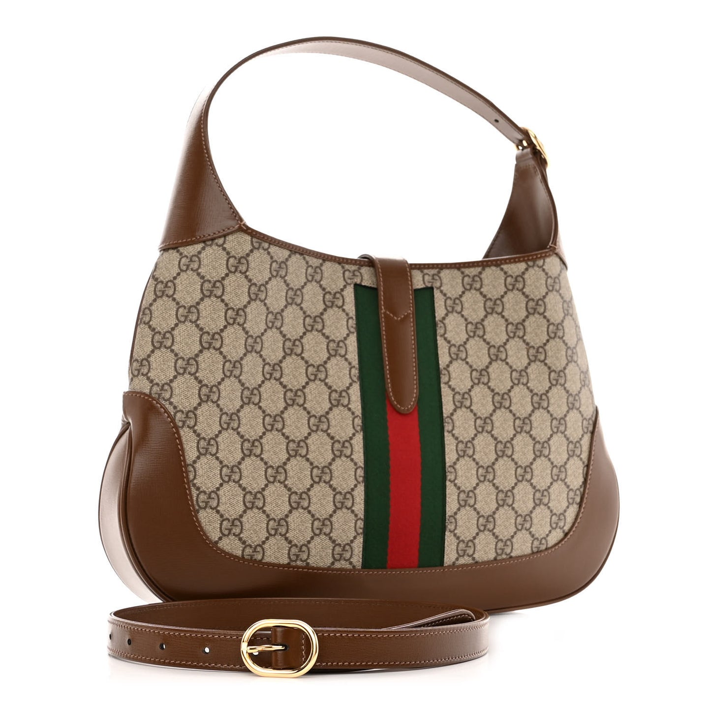 GG Supreme Monogram Azalea Calfskin Web Medium Jackie 1961 Hobo Beige Ebony Brown Sugar