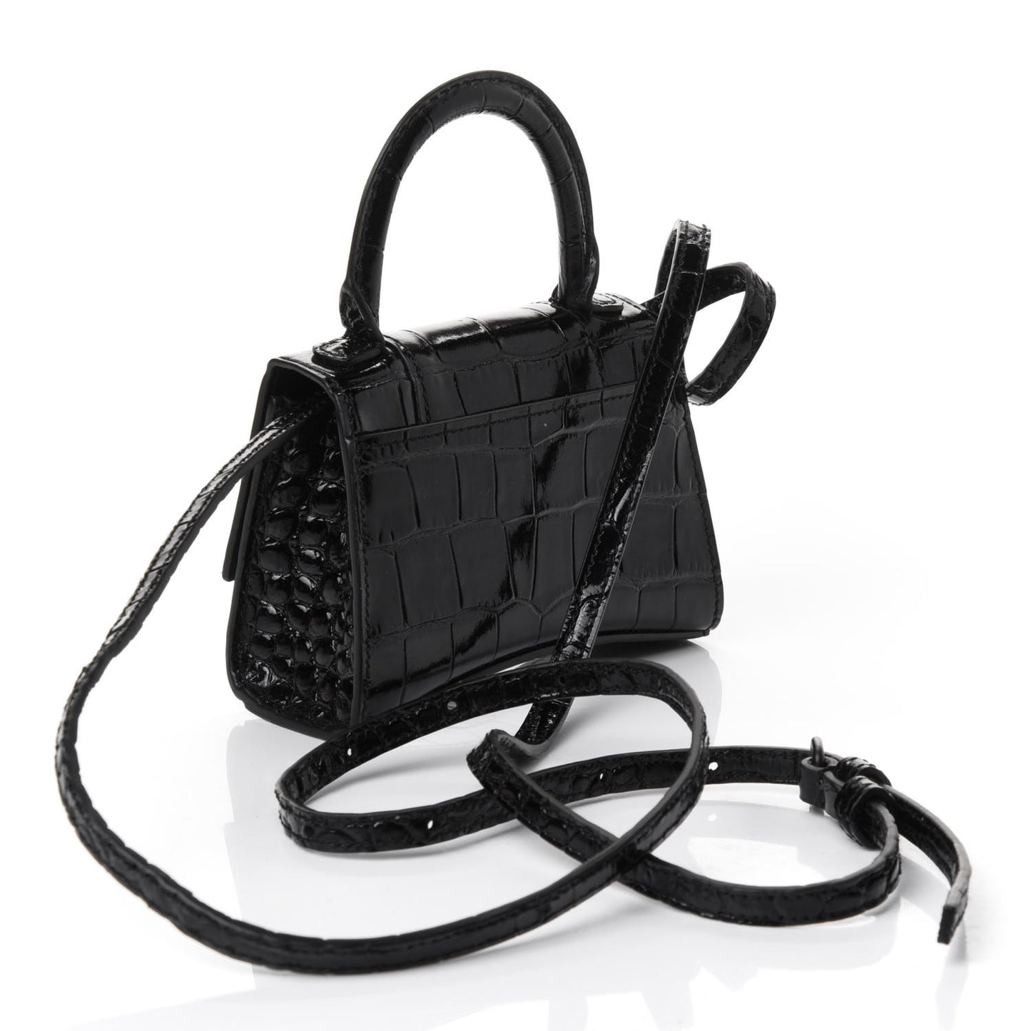 Shiny Calfskin Monochrome Crocodile Embossed Hourglass Top Handle Bag Mini Black