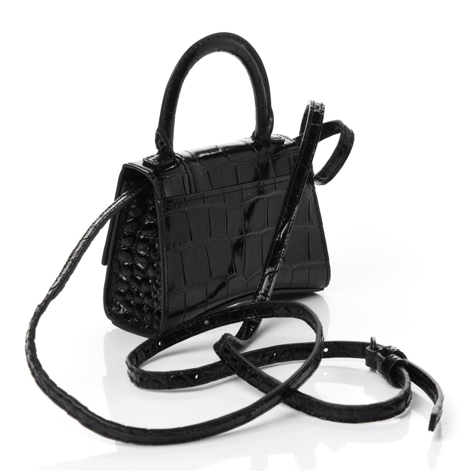 Balenciaga Shiny Calfskin Monochrome Crocodile Embossed Hourglass Top Handle Bag Mini Black 2 of 4