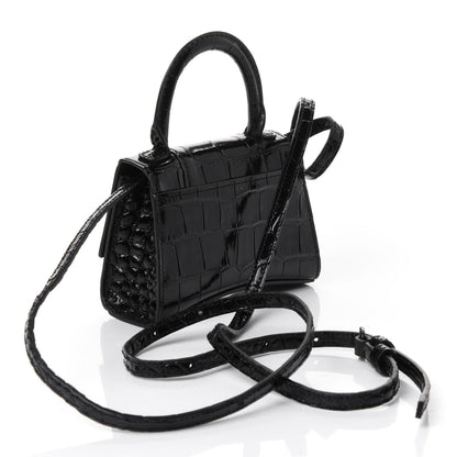 Balenciaga Shiny Calfskin Monochrome Crocodile Embossed Hourglass Top Handle Bag Mini Black 2 of 4