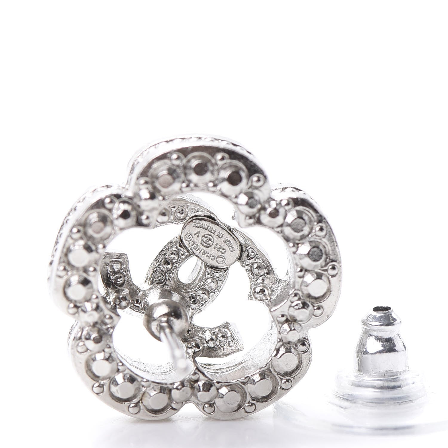 Chanel Crystal Coco Flapper Camellia CC Stud Earrings Silver 4 of 5