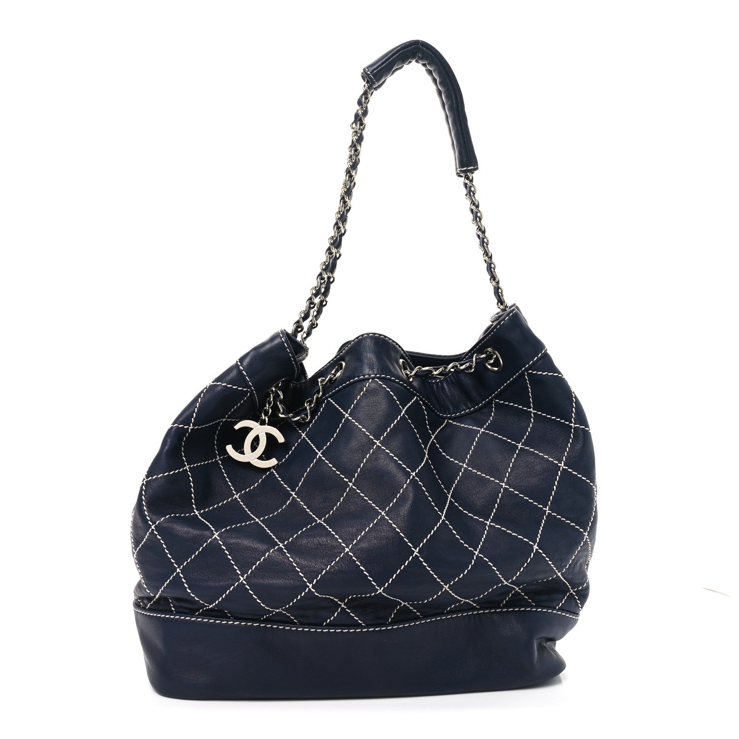 Chanel Calfskin Contrast Stitch Surpique Bucket Bag Navy 1 of 10