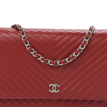 Chanel Caviar Chevron Quilted Wallet On Chain WOC Red 10 of 10