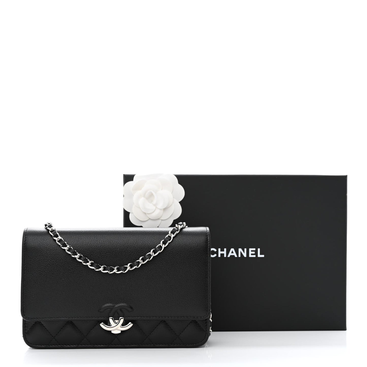 Grained Calfskin Quilted CC Box Wallet On Chain WOC Black