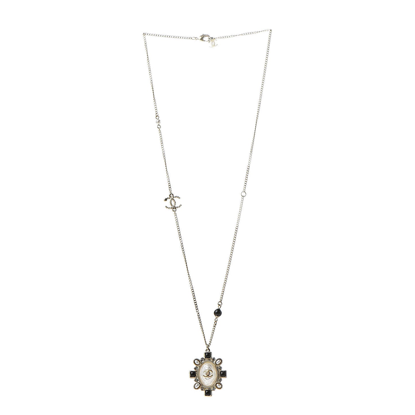 Crystal Pearl Beaded CC Long Necklace Black Gold