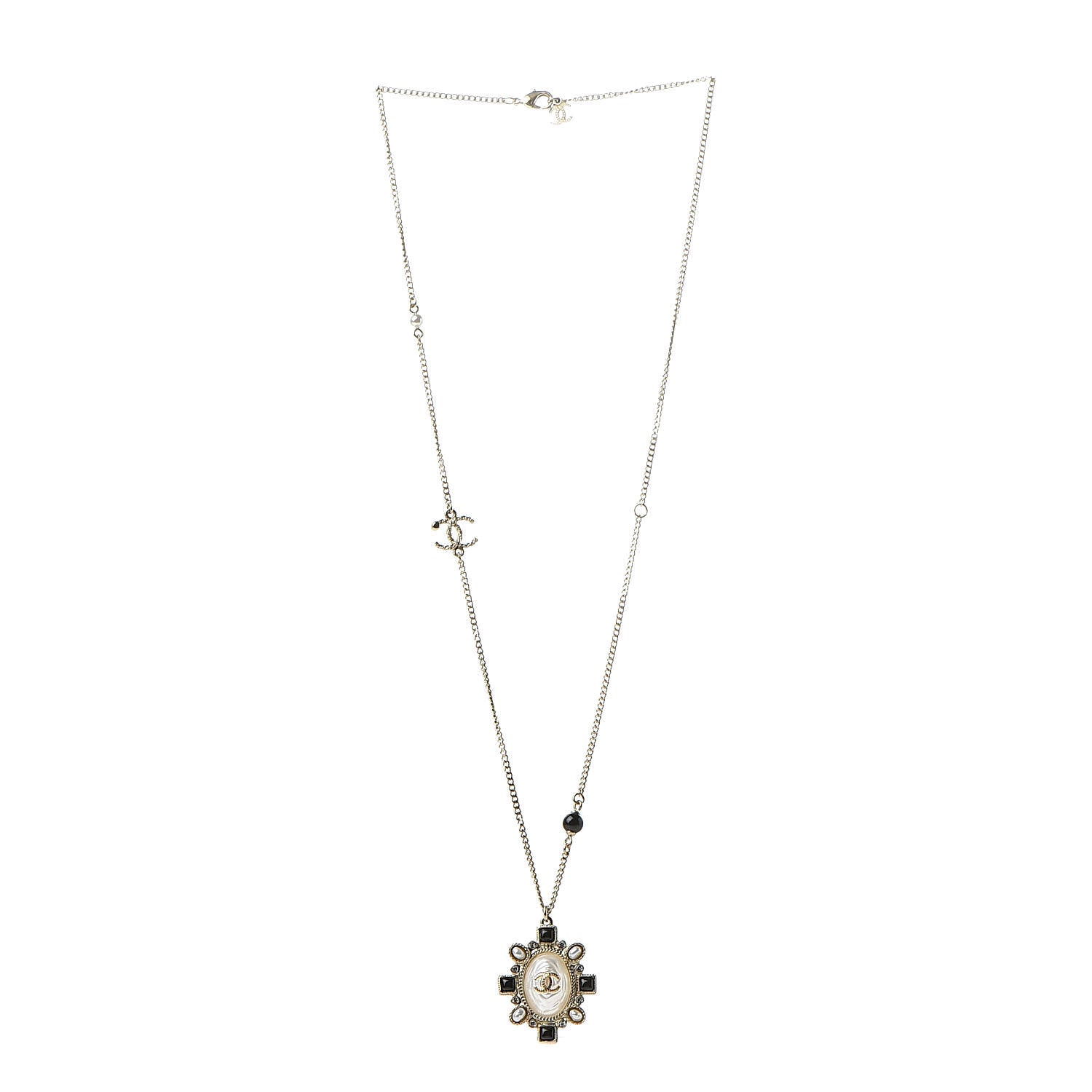 Chanel Crystal Pearl Beaded CC Long Necklace Black Gold 3 of 5