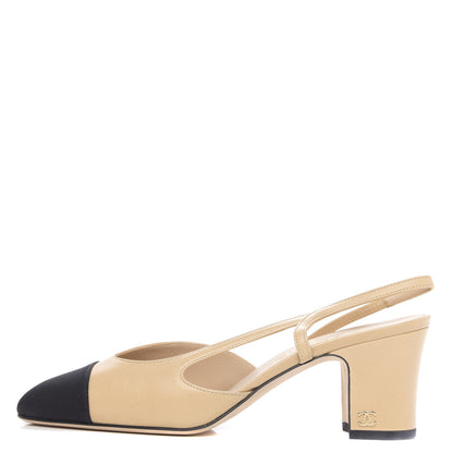 Chanel Goatskin Grosgrain Cap Toe CC Slingback Pumps 37.5 Beige Black 1 of 9