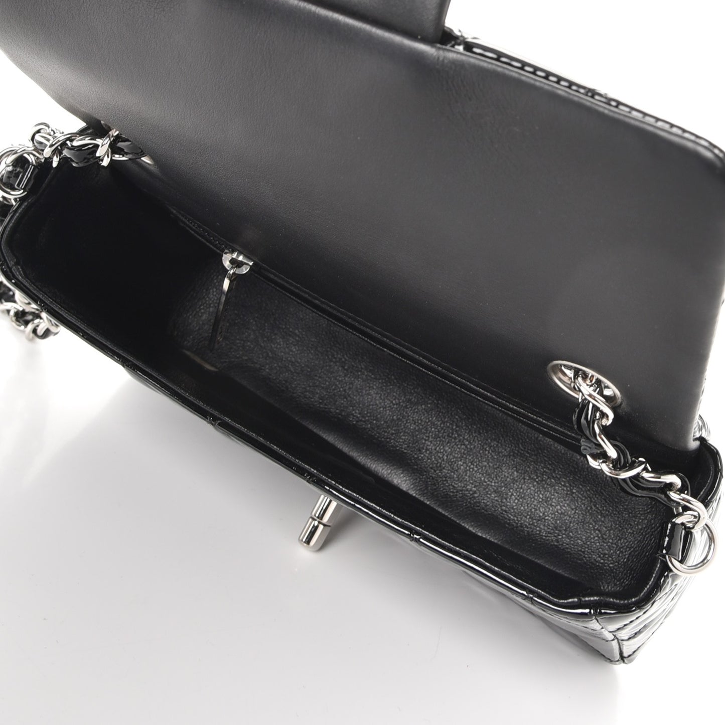 Patent Calfskin Quilted Mini Rectangular Flap Black