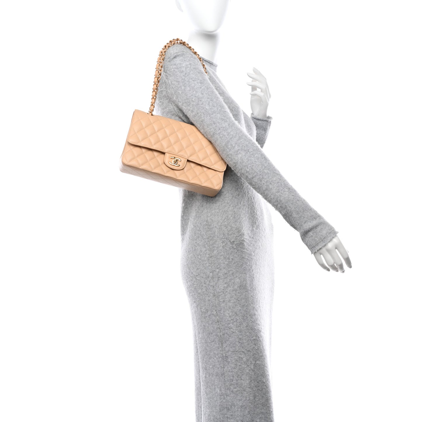 Caviar Quilted Medium Double Flap Beige