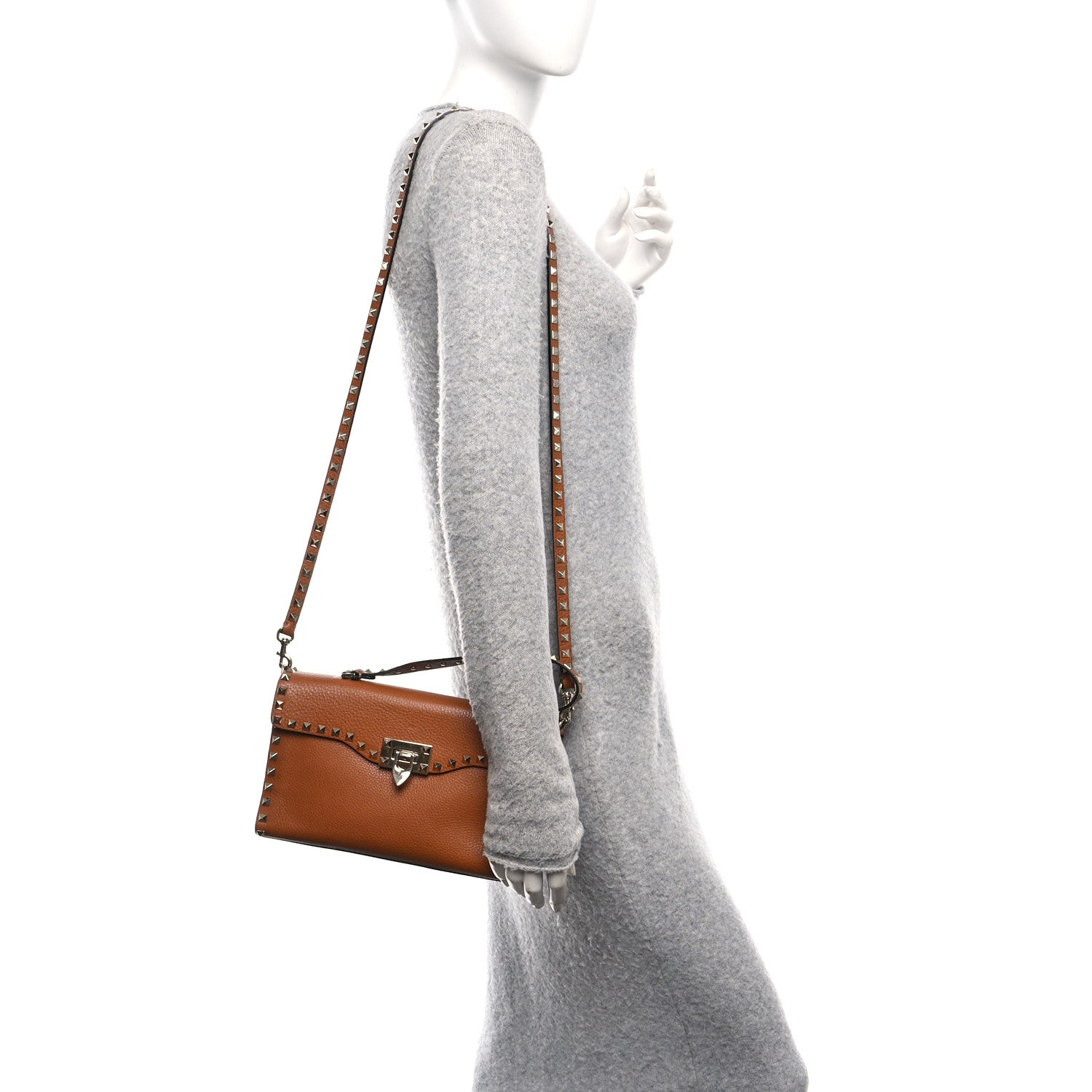Valentino Garavani Pebbled Calfskin Medium Rockstud Top Handle Shoulder Bag Cognac 2 of 9
