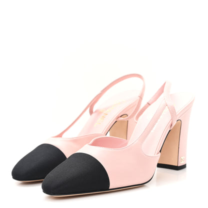 Chanel Lambskin Grosgrain Cap Toe CC Slingback Pumps 38.5 Light Pink Black 4 of 9