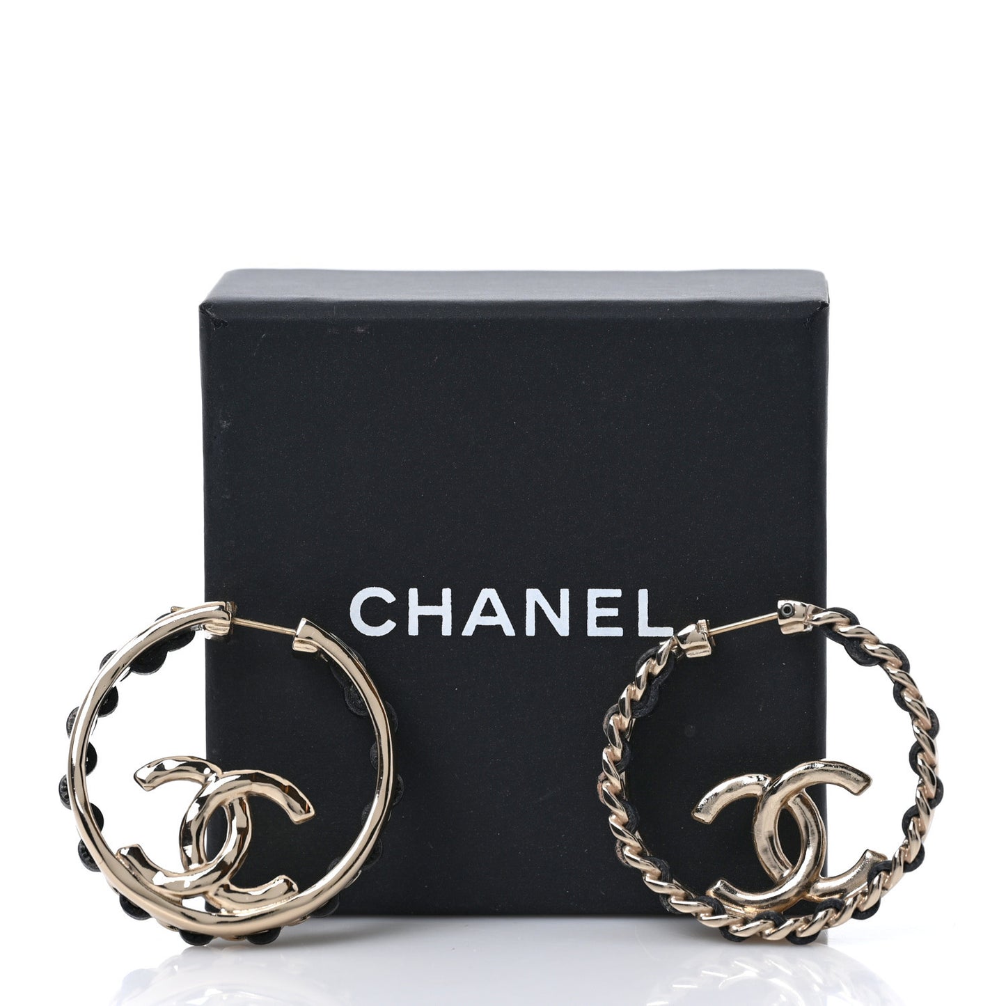 Lambskin CC Chain Hoop Earrings Black Gold