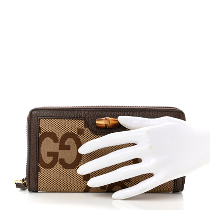 Gucci Monogram Jumbo GG Textured Dollar Calfskin Diana Zip Around Continental Wallet Camel Ebony New Acero 2 of 8