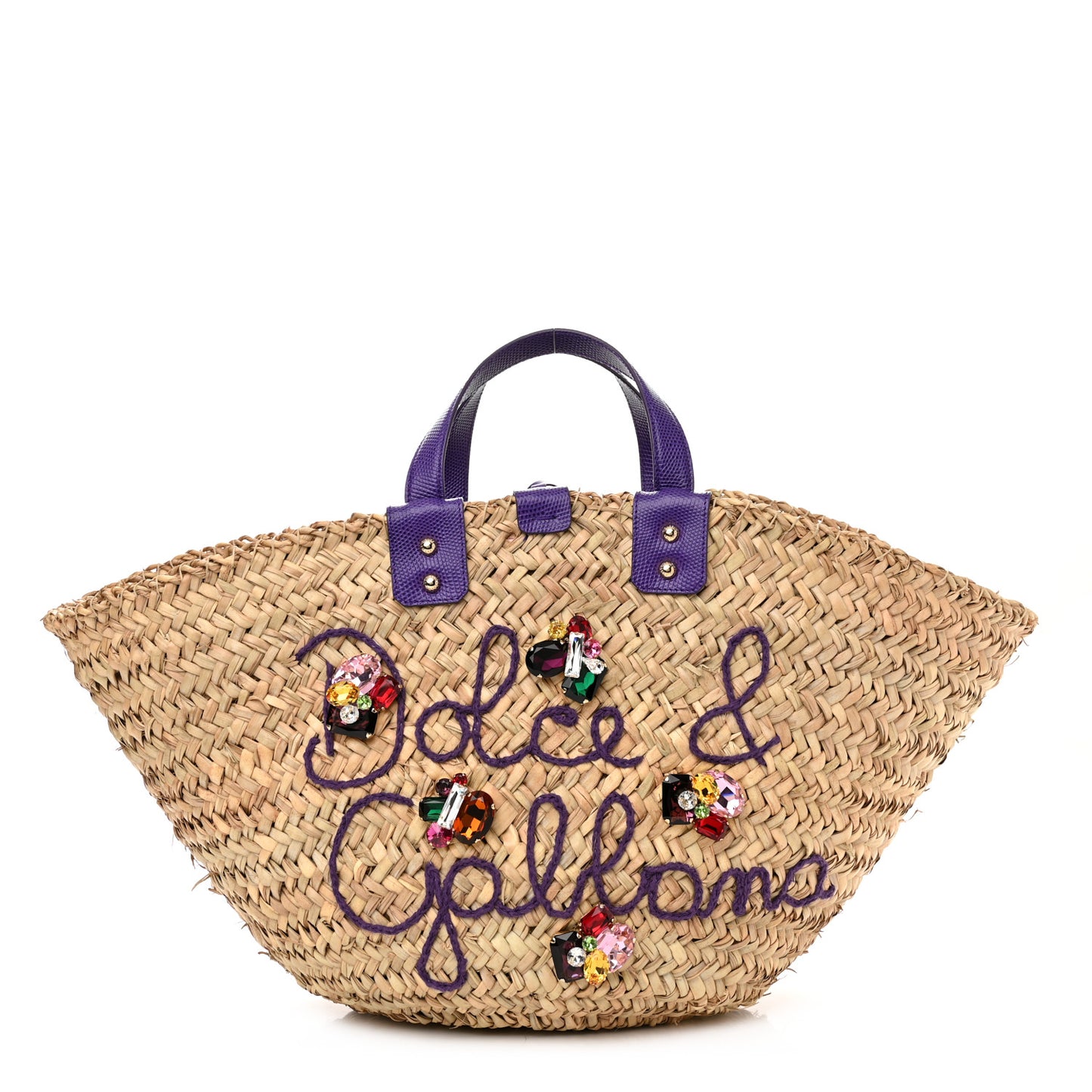 Woven Raffia Calfskin Lizard Embossed Crystal Embellished Kendra Logo Tote Violet Multicolor