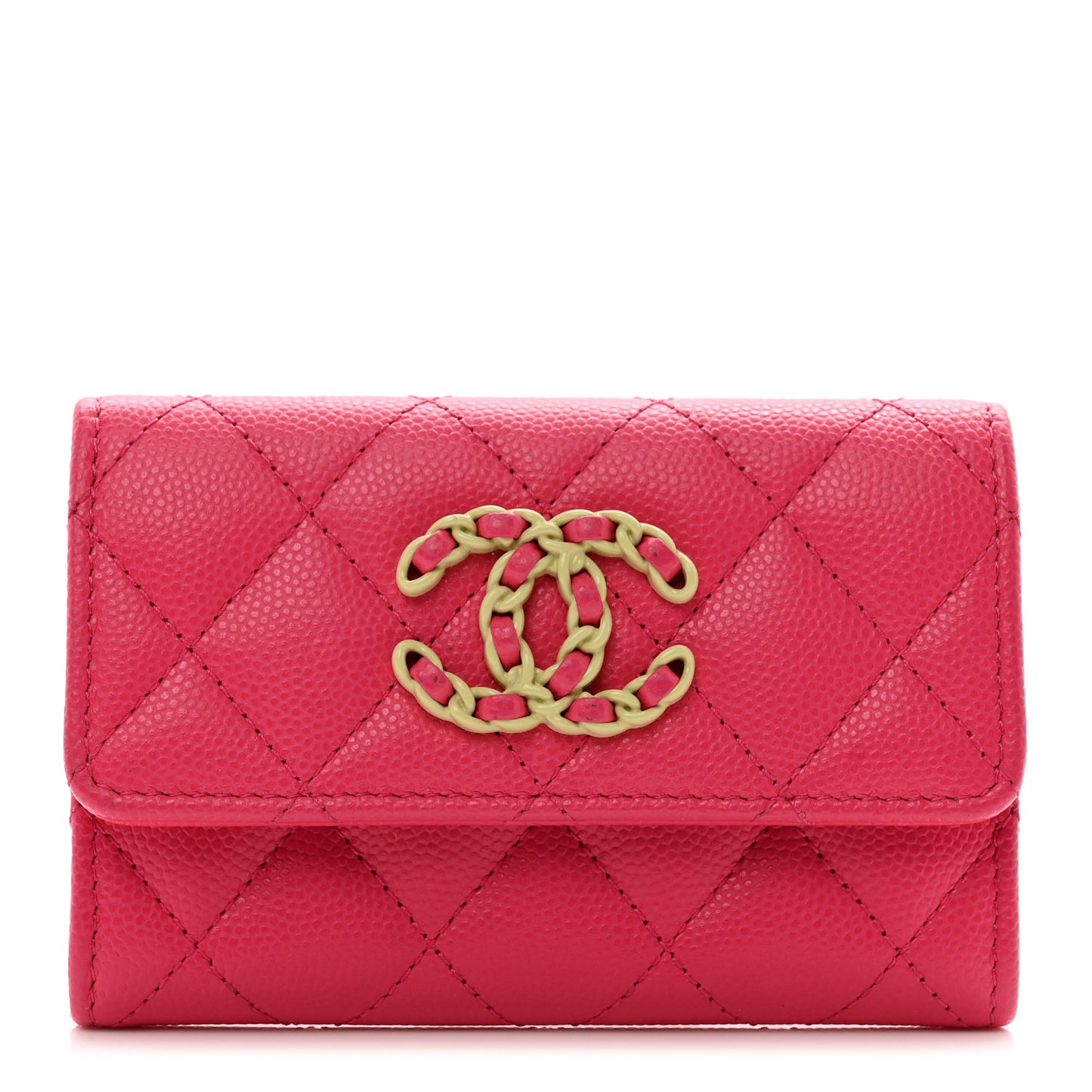 Caviar Quilted Chanel 19 Flap Card Holder Wallet Dark Pink