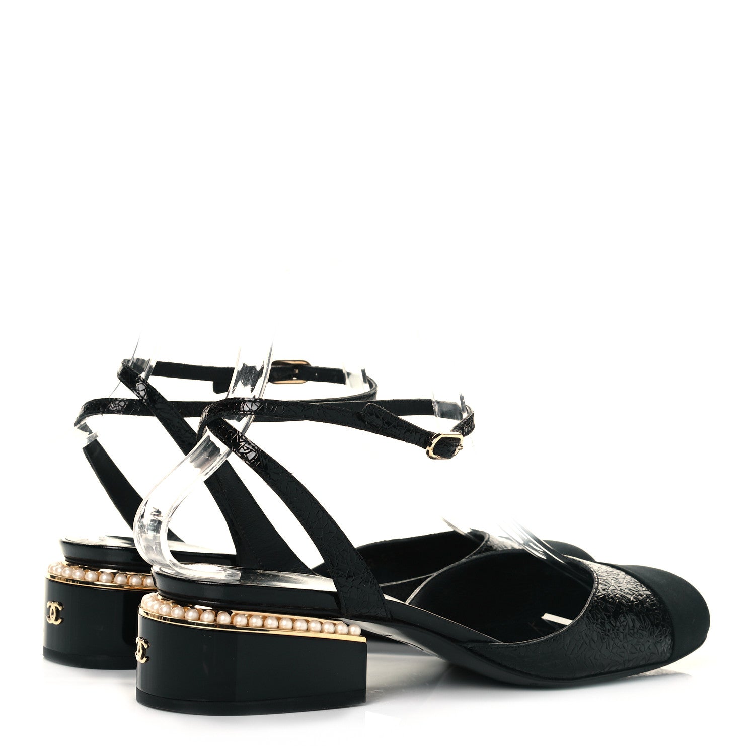 Chanel Patent Embossed Grosgrain Cap Toe Pearl Slingbacks 38.5 Black 4 of 8