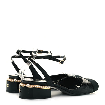 Chanel Patent Embossed Grosgrain Cap Toe Pearl Slingbacks 38.5 Black 4 of 8