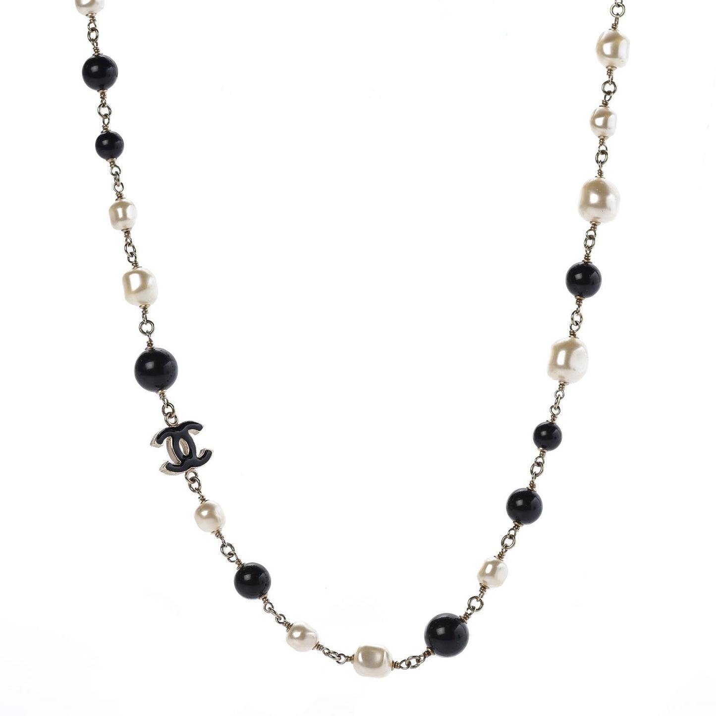 Pearl Bead Enamel CC Long Necklace Black Gold