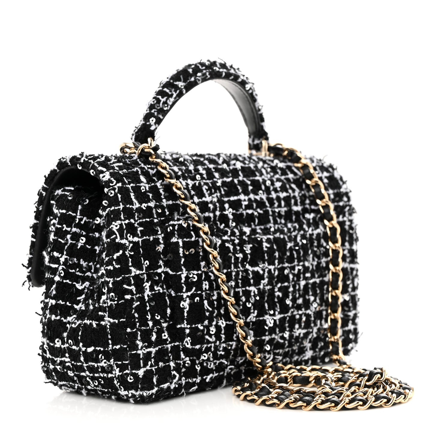 Tweed Quilted Mini Top Handle Rectangular Flap Black White