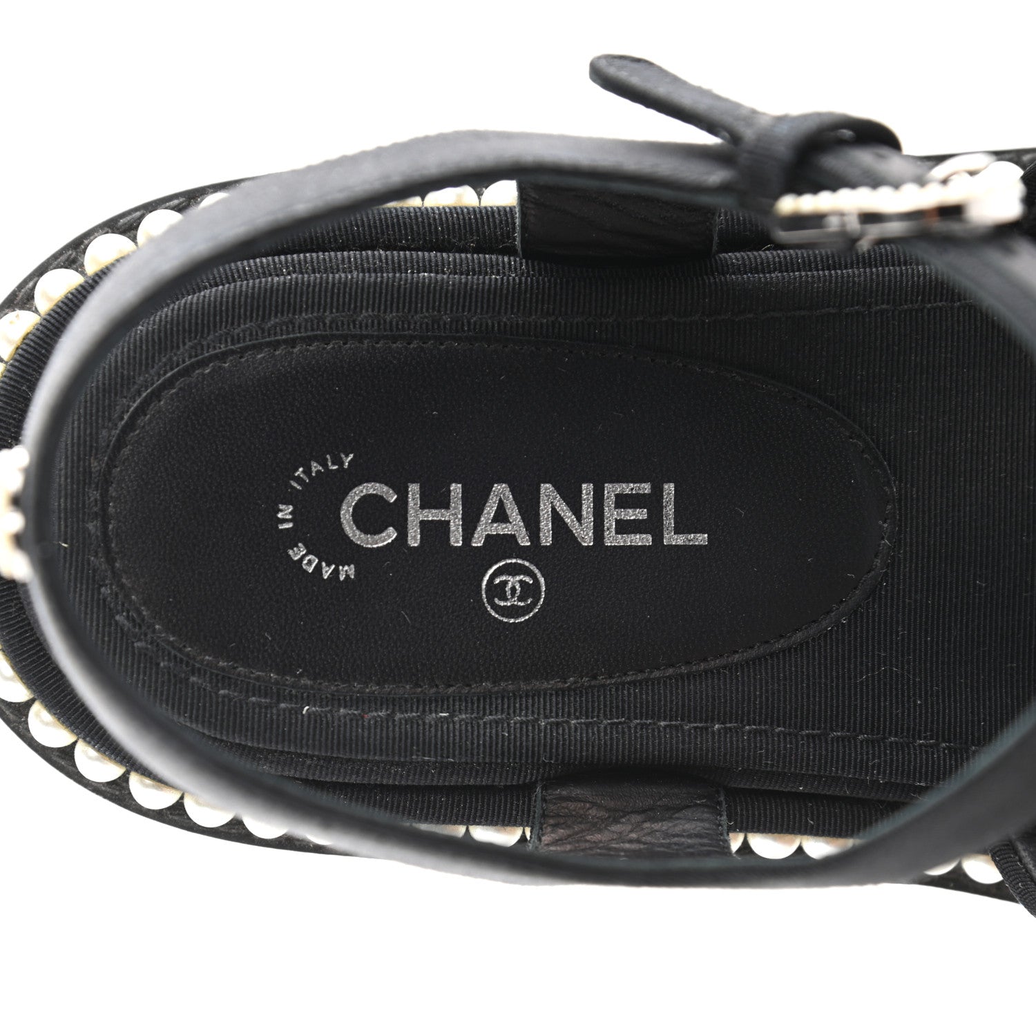 Chanel Grosgrain Pearl Flat Sandals 38.5 Black 6 of 11
